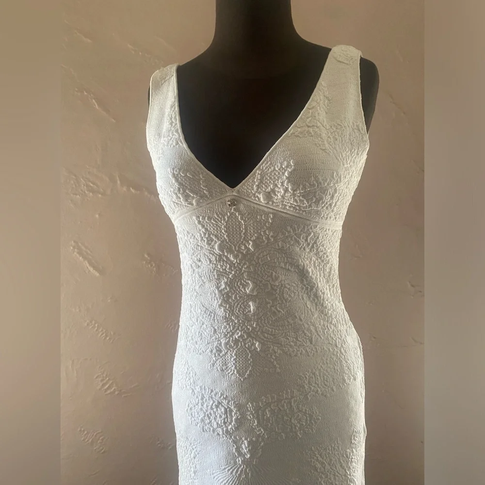 Vintage CHANEL 2006 Cruise White Jacquard Knit Midi Dress